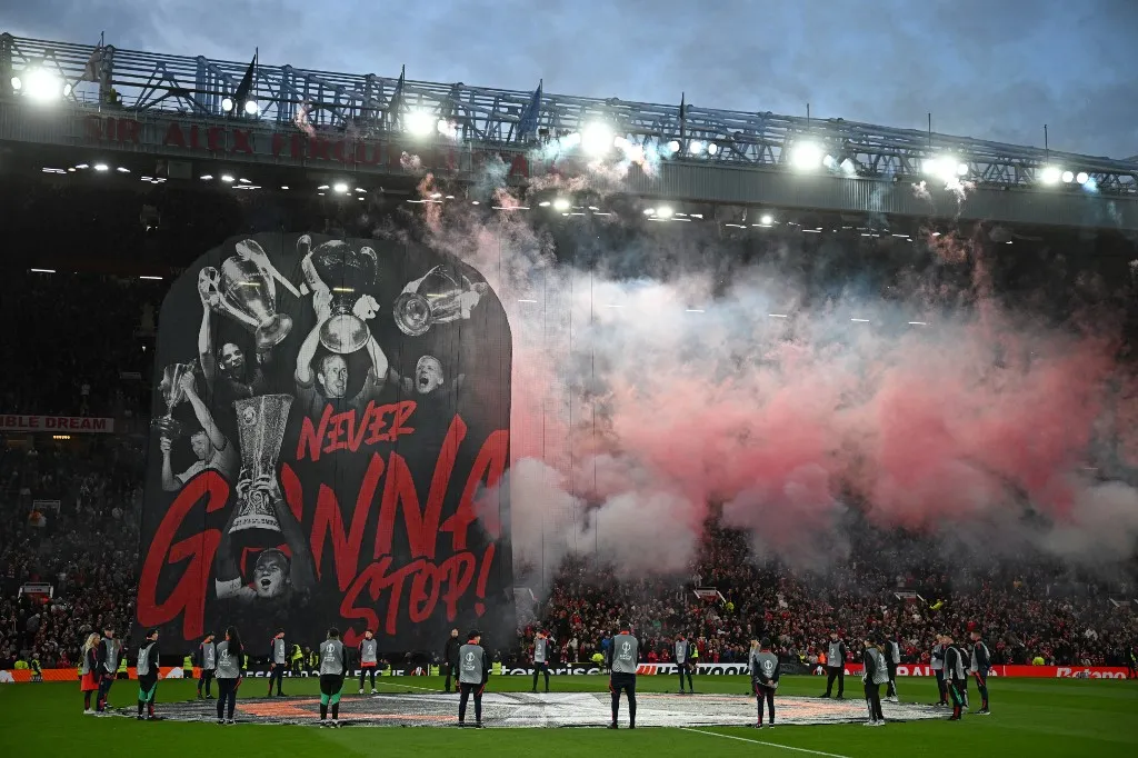 Pre-game display in the UEFA Europa league quarter-final final, second leg football match between Manchester United and Lyon at Old Trafford stadium in Manchester, north west England, on April 17, 2025. (Photo by Oli SCARFF / AFP)