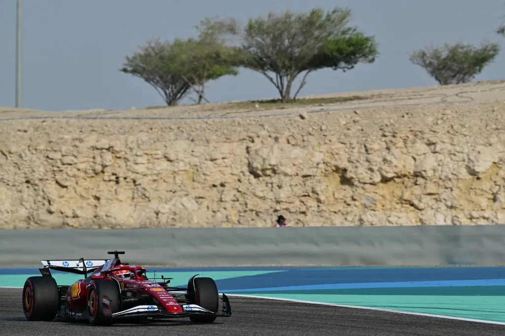 Ferrari's Monegasque driver Charles Leclerc drives during the third practice session ahead of the Bahrain Formula One Grand Prix at the Bahrain International Circuit in Sakhir on April 12, 2025. (Photo by Giuseppe CACACE / AFP)