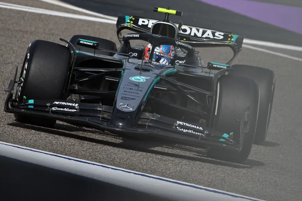 Mercedes' Italian driver Andrea Kimi Antonelli drives during the first practice session ahead of the Bahrain Formula One Grand Prix at the Bahrain International Circuit in Sakhir on April 11, 2025. (Photo by Fadel SENNA / AFP)