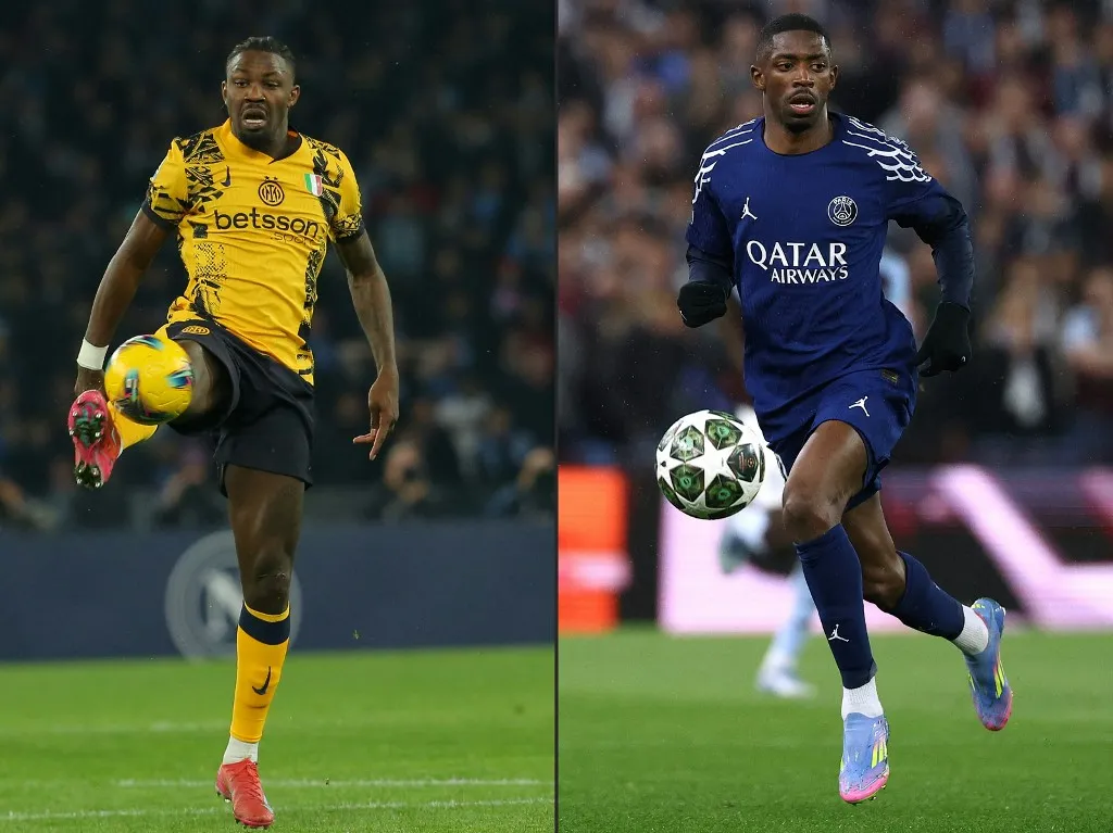 BL-döntő, (COMBO) This combination of pictures created on May 28, 2025 showsInter Milan's French forward #09 Marcus Thuram (L) at the Diego Armando Maradona stadium in Naples on March 01, 2025 and Paris Saint-Germain's French forward #10 Ousmane Dembele in Birmingham, central England on April 15, 2025.. It has taken almost 15 years of huge spending by their Qatari owners and an overdue shift away from signing glamorous superstars, but Paris Saint-Germain go into the May 31, 2025 Champions League final against Inter Milan as favourites to finally win the coveted trophy for the first time. (Photo by CARLO HERMANN and FRANCK FIFE / AFP)