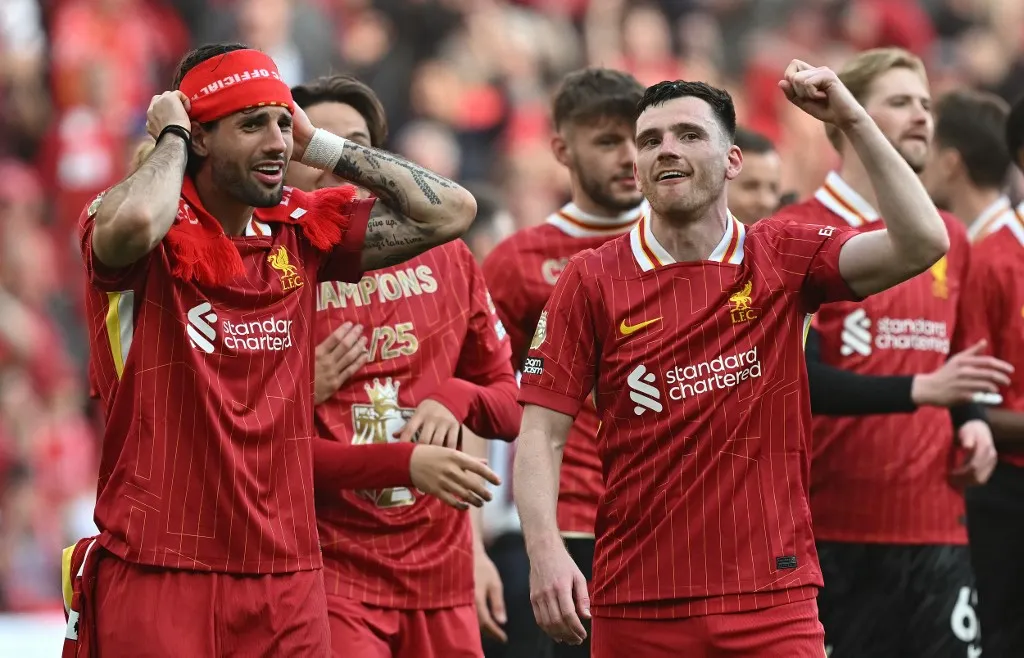 Liverpool's Hungarian midfielder #08 Dominik Szoboszlai (L) and Liverpool's Scottish defender #26 Andrew Robertson celebrate after the English Premier League football match between Liverpool and Tottenham Hotspur at Anfield in Liverpool, north west England on April 27, 2025. Liverpool won the match 5-1, making them the winners of the Premier League title. (Photo by Paul ELLIS / AFP) / RESTRICTED TO EDITORIAL USE. No use with unauthorized audio, video, data, fixture lists, club/league logos or 'live' services. Online in-match use limited to 120 images. An additional 40 images may be used in extra time. No video emulation. Social media in-match use limited to 120 images. An additional 40 images may be used in extra time. No use in betting publications, games or single club/league/player publications. / 