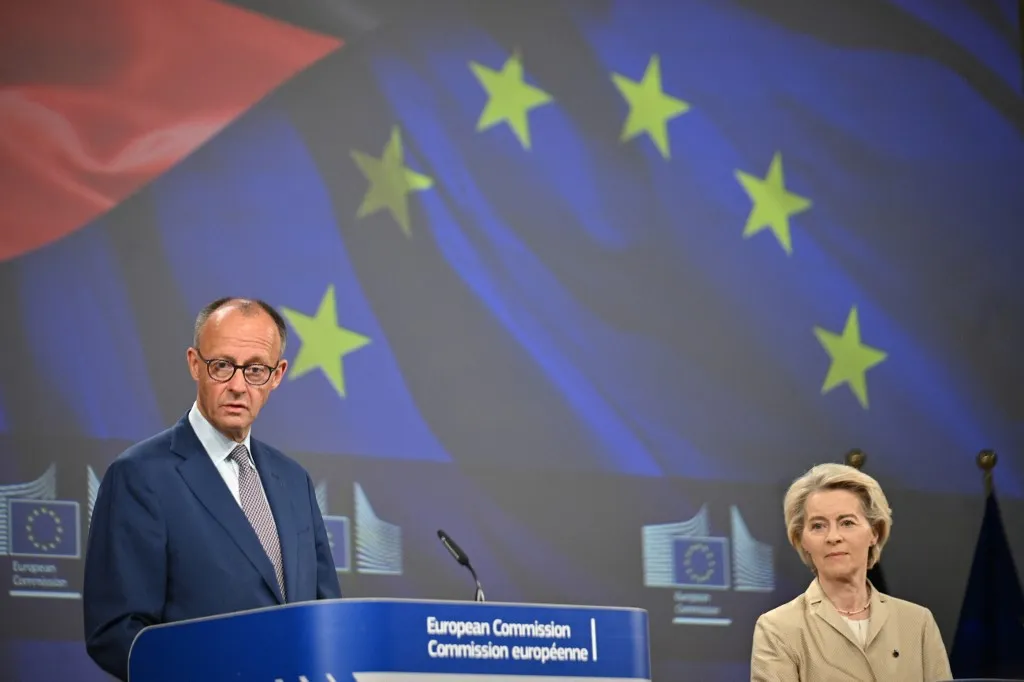 BRUSSELS, BELGIUM - MAY 9: Germany's new Chancellor Friedrich Merz and EU Commission President Ursula von der Leyen hold a joint press conference after their meeting in Brussels, Belgium on May 9, 2025. Dursun Aydemir / Anadolu (Photo by Dursun Aydemir / ANADOLU / Anadolu via AFP)