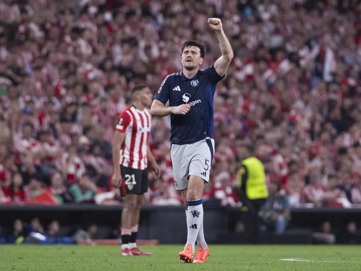 BILBAO, SPAIN - MAY 1: Harry Maguire of Manchester United celebrates after scoring a goal during the UEFA Europa League 2024/25 semifinal first leg match between Athletic Club and Manchester United at San Mames Stadium in Bilbao, Spain on May 1, 2025. Guillermo Martinez / Anadolu (Photo by Guillermo Martinez / ANADOLU / Anadolu via AFP)
