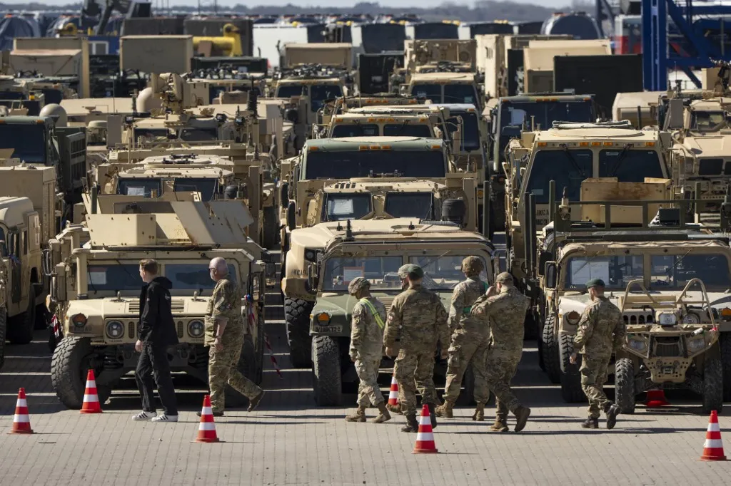 US Army equipment being repatriated from Esbjerg Harbor, during Operation Raven Assistor, in Denmark, Thursday April 3, 2025. Cargo ships received by Danish and American military personnel are used for the planned repatriation of US Army equipment and materials that have been used in exercise activities on NATO's eastern flank. (Photo by BO AMSTRUP / Ritzau Scanpix / Ritzau Scanpix via AFP)