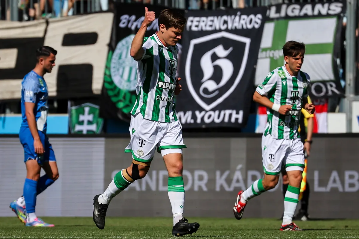 Budapest, 2025. április 27.
Stefan Gartenmann, a Ferencváros (k) játékosa ünnepli a golját a labdarúgó OTP Bank Liga 29. fordulójában játszott MTK Budapest-Ferencvárosi TC mérkőzésen a Hidegkuti Nándor Stadionban 2025. április 27-én.
MTI/Hegedüs Róbert