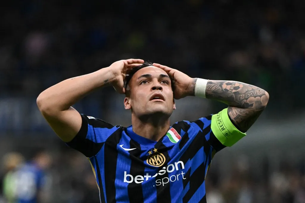Lautaro Martínez of FC Inter celebrates after a goal during the UEFA Champions League Semi-finals second leg match between FC Internazionale and FC Barcelona in Milan, Italy, on May 6, 2025, at Giuseppe Meazza San Siro Stadium. (Photo by Tiziano Ballabio/NurPhoto) (Photo by Tiziano Ballabio / NurPhoto / NurPhoto via AFP)