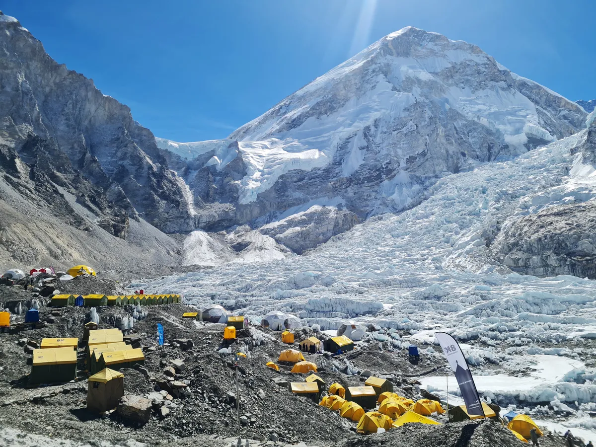 Tents of mountaineers are pictured at Everest base camp in the Mount Everest region of Solukhumbu district on April 18, 2024 on the tenth anniversary of an avalance which killed 16 Nepali guides. Ten years ago on April 18, 2014, Nepali mountain guide Dawa Tashi Sherpa was fighting for his life after being hit by an avalanche on Everest which was then the deadliest disaster on the world's highest mountain. (Photo by Purnima SHRESTHA / AFP)