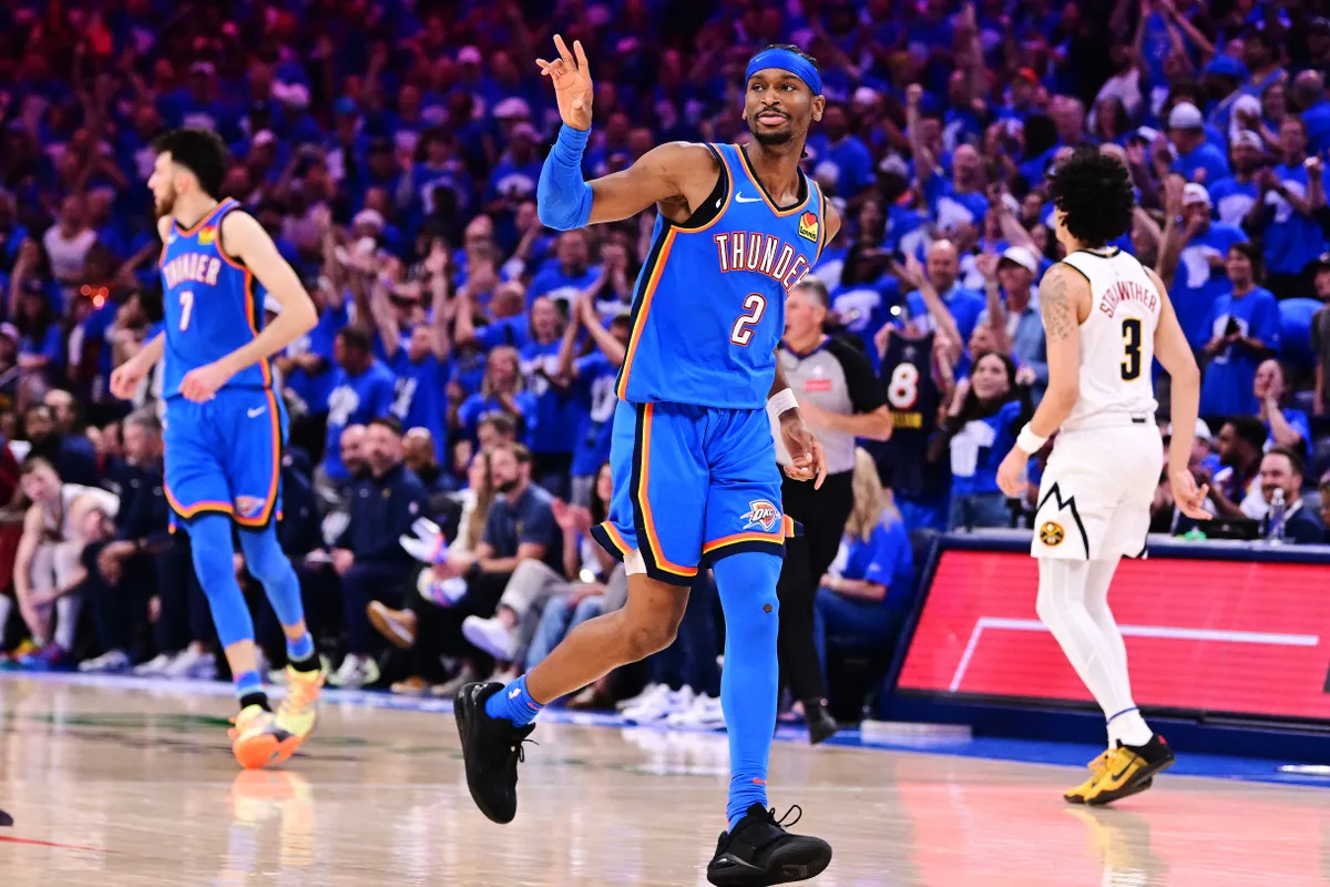 OKLAHOMA CITY, OKLAHOMA - MAY 18: Shai Gilgeous-Alexander #2 of the Oklahoma City Thunder reacts after scoring during the fourth quarter of a game against the Denver Nuggets in Game Seven of the Western Conference Second Round NBA Playoffs at Paycom Center on May 18, 2025 in Oklahoma City, Oklahoma. NOTE TO USER: User expressly acknowledges and agrees that, by downloading and or using this photograph, User is consenting to the terms and conditions of the Getty Images License Agreement.   Joshua Gateley/Getty Images/AFP (Photo by Joshua Gateley / GETTY IMAGES NORTH AMERICA / Getty Images via AFP)