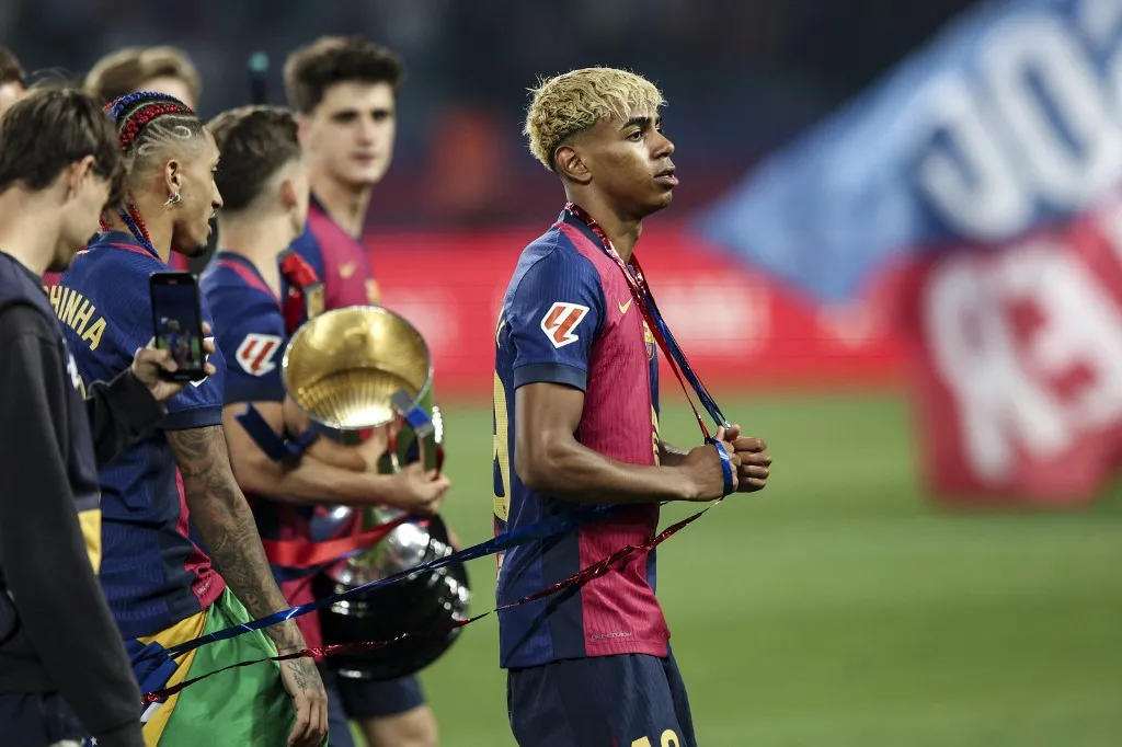 Lamine Yamal of FC Barcelona celebrates the La Liga EA Sports 2024/2025 championship during the La Liga EA Sports match between FC Barcelona and Villarreal CF at Olimpic Llus Companys in Barcelona, Spain, on May 18, 2025. (Photo by Gongora/NurPhoto) (Photo by Gongora / NurPhoto / NurPhoto via AFP)