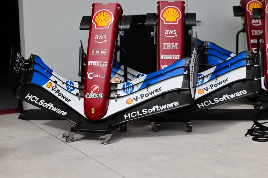 A row of Miami-livery Ferrari front wings sits outside the Ferrari garage at the Miami International Autodrome in Miami, Florida, on May 3, 2025, during the Formula 1 Crypto.com Miami Grand Prix. (Photo by Reginald Mathalone/NurPhoto) (Photo by Reginald Mathalone / NurPhoto / NurPhoto via AFP), Lando Norris