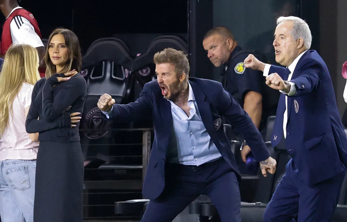 (L/R) English singer Victoria Beckham, Inter Miami's co-owners David Beckham and Jorge Mas celebrate a goal in the second half of the CONCACAF Champions Cup Quartefinal football match between Inter Miami and LAFC at Chase Stadium in Fort Lauderdale, Florida on April 9, 2025. (Photo by Chris Arjoon / AFP)