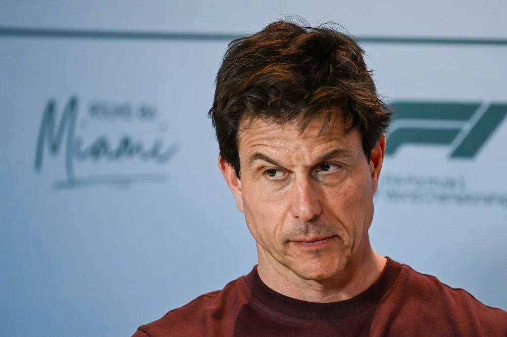 Mercedes' Austrian team principal and CEO Toto Wolff speaks during a press conference following the practice session for the 2025 Miami Formula One Grand Prix at Miami International Autodrome in Miami Gardens, Florida, on May 2, 2025. (Photo by CHANDAN KHANNA / AFP)
