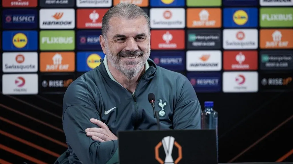 Puskás, Puskás Ferenc, Tottenham Hotspur, Ange Postecoglou speaks during a press conference on the eve of the UEFA Europa League semi-final second leg football match between FK Bodo/Glimt and Tottenham Hotspur in Bodo, Norway on May 7, 2025. (Photo by 