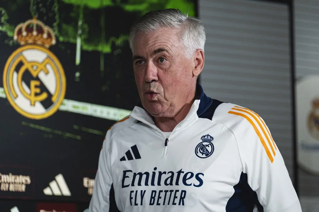 Carlo Ancelotti, head coach of Real Madrid, enters the press room during the Real Madrid Press Conference ahead of the La Liga match against FC Barcelona at Ciudad Real Madrid in Valdebebas, Spain, on May 10, 2025. (Photo by Alberto Gardin/NurPhoto) (Photo by Alberto Gardin / NurPhoto / NurPhoto via AFP)