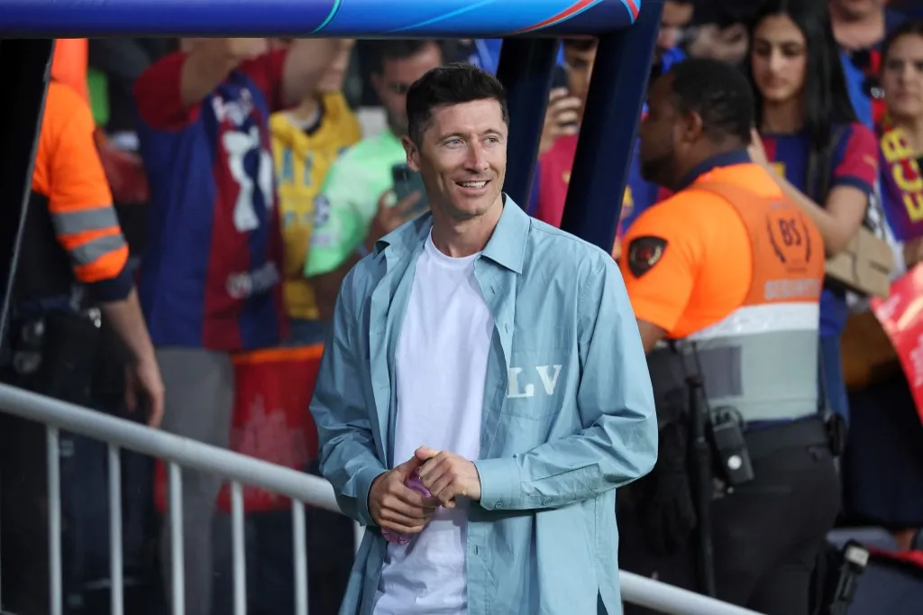 Robert Lewandowski participates in the match between FC Barcelona and Football Club Internazionale Milano, corresponding to the first leg of the semifinals of the UEFA Champions League, at the Lluis Companys Stadium in Barcelona, Spain, on April 30, 2025. (Photo by Joan Valls/Urbanandsport/NurPhoto) (Photo by Urbanandsport / NurPhoto / NurPhoto via AFP)