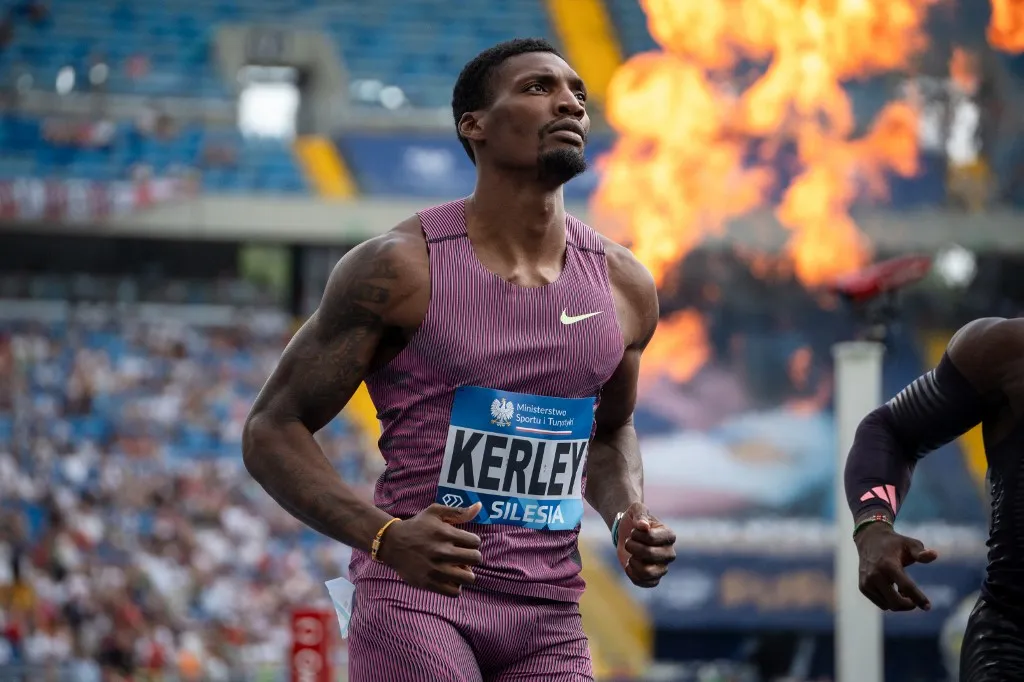 világbajnok Fred Kerley of the United States competes in the Men's 100 meters during the Diamond League Silesia, Kamila Skolimowska Memorial in Chorzow, Poland, on August 25, 2024. (Photo by Marcin Golba/NurPhoto) (Photo by Marcin Golba / NurPhoto / NurPhoto via AFP)