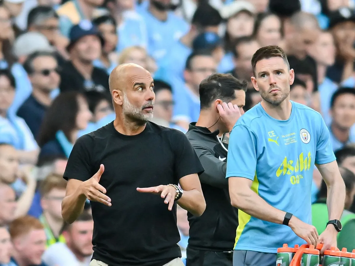 Manager Pep Guardiola, the manager of Manchester City, gestures during the Emirates FA Cup Final between Crystal Palace and Manchester City at Wembley Stadium in London, England, on May 17, 2025. (Photo by Kevin Hodgson | MI News/NurPhoto) (Photo by MI News / NurPhoto / NurPhoto via AFP)