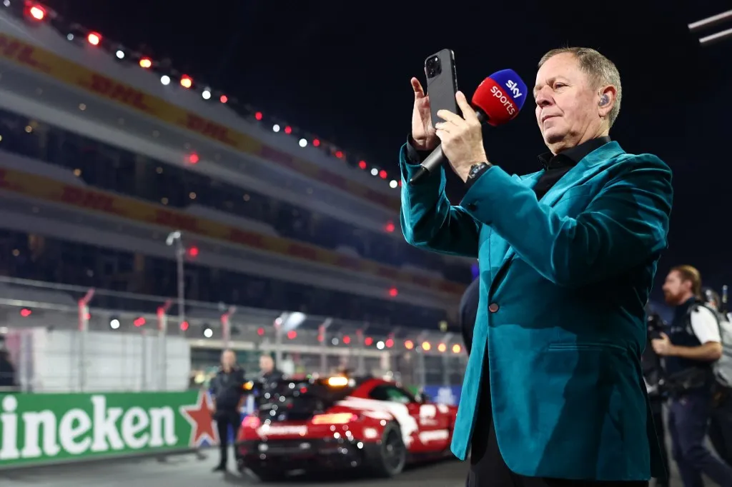 Martin Brundle at drivers parade ahead of the Formula 1 Las Vegas Grand Prix at Las Vegas Strip Circuit in Las Vegas, United States on November 18, 2023. (Photo by Jakub Porzycki/NurPhoto) (Photo by Jakub Porzycki / NurPhoto / NurPhoto via AFP)