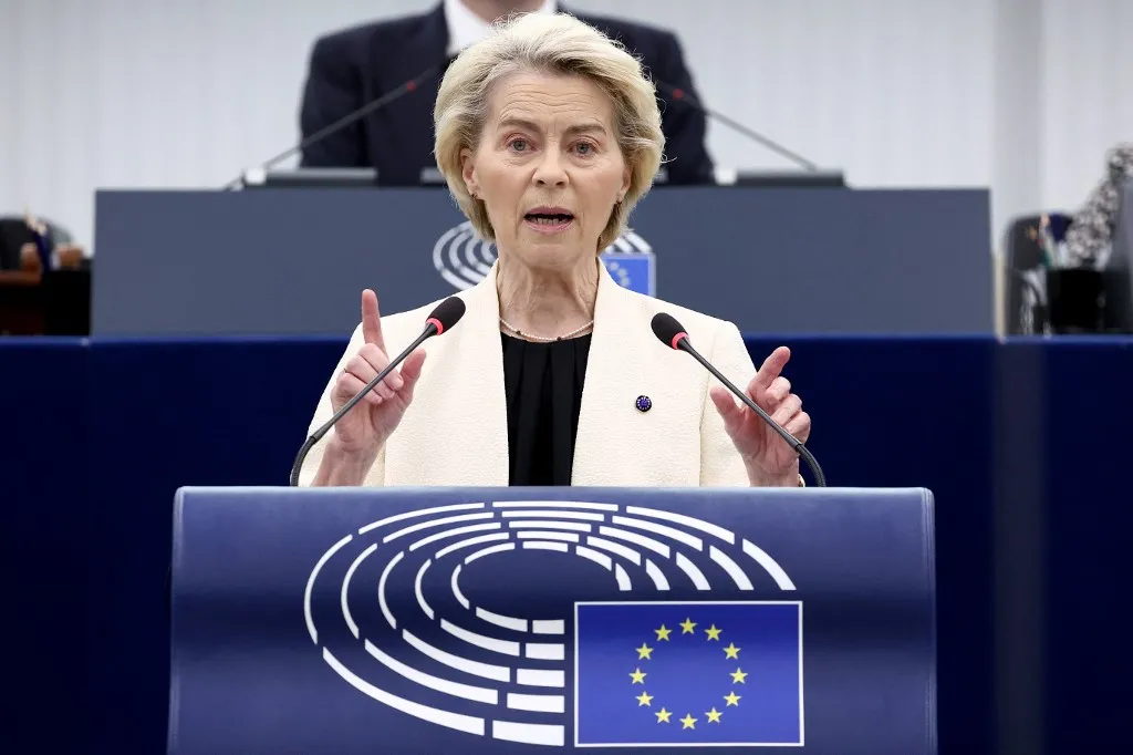 European Commission President Ursula von der Leyen addresses the floor in a debate on EU support for a peace deal in Ukraine held during a plenary session at the European Parliament in Strasbourg, eastern France, on May 7, 2025. (Photo by FREDERICK FLORIN / AFP)