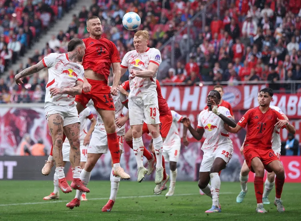 Bayern Munich's English defender #15 Eric Dier scores the 2-1 during the German first division Bundesliga football match between RB Leipzig and FC Bayern Munich in Leipzig, eastern Germany on May 3, 2025. (Photo by Ronny HARTMANN / AFP) / DFL REGULATIONS PROHIBIT ANY USE OF PHOTOGRAPHS AS IMAGE SEQUENCES AND/OR QUASI-VIDEO