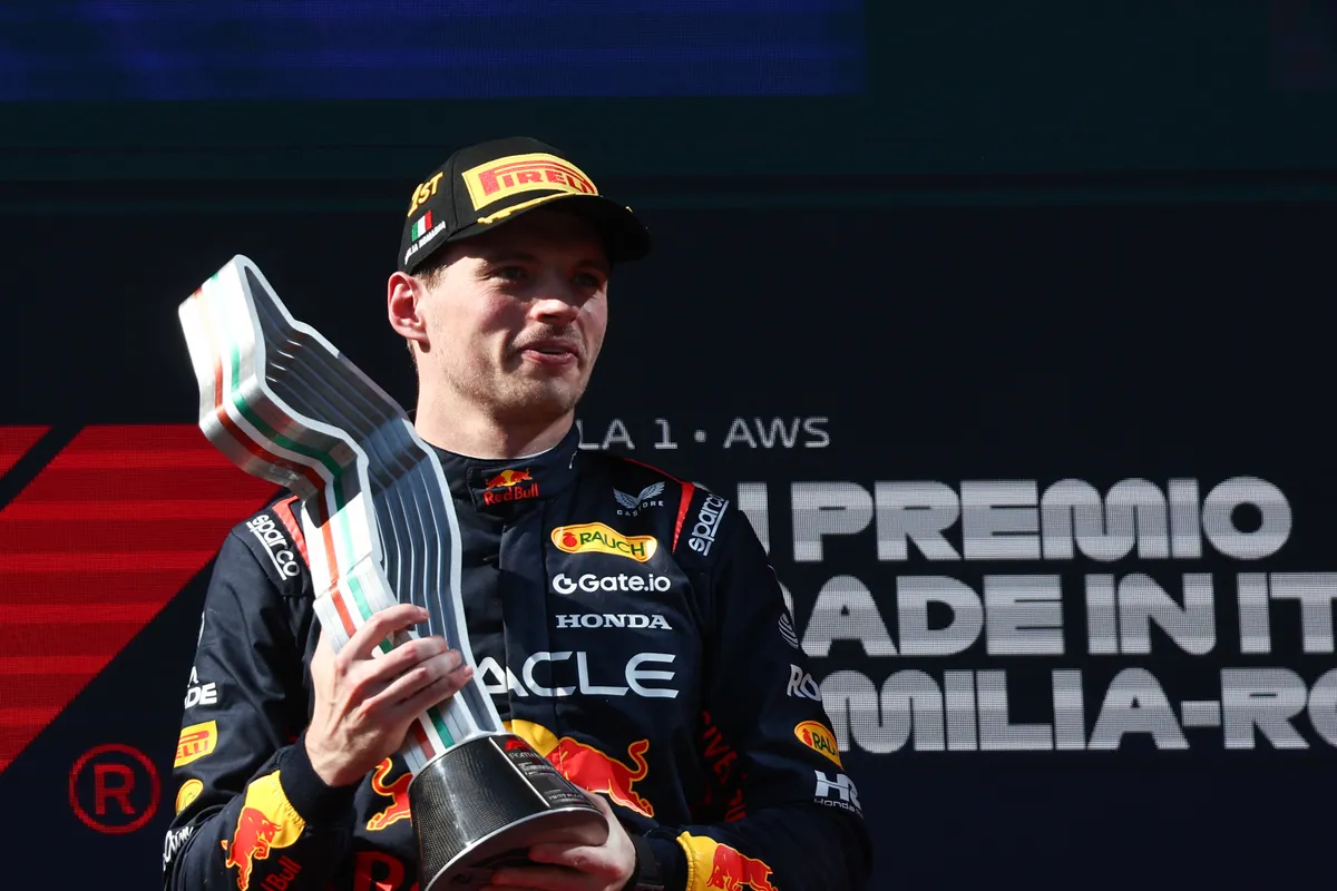 Max Verstappen of Red Bull Racing on the podium after the Formula 1 Emilia-Romagna Grand Prix at Autodromo Enzo e Dino Ferrari in Imola, Italy on May 18, 2025. (Photo by Jakub Porzycki/NurPhoto) (Photo by Jakub Porzycki / NurPhoto / NurPhoto via AFP)