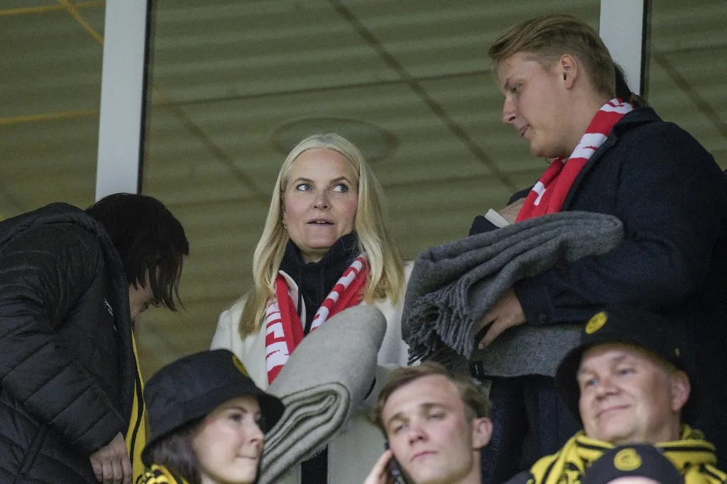 Crown Princess Mette-Marit of Norway and Prince Sverre Magnus of Norway attend the UEFA Europa League semi-final second leg football match between Bodoe/Glimt and Tottenham Hotspur in Bodoe, Norway on May 8, 2025. (Photo by Stian Lysberg Solum / NTB / AFP) / Norway OUT