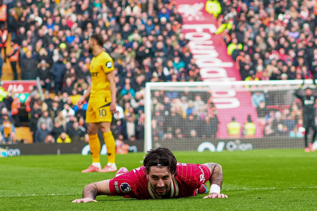 Dominik Szoboszlai plays during the Premier League match between Liverpool and Wolverhampton Wanderers at Anfield in Liverpool, England, on February 16, 2025. (Photo by MI News/NurPhoto) (Photo by MI News / NurPhoto / NurPhoto via AFP)