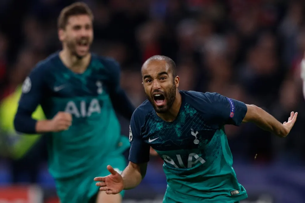 Tottenham's Brazilian forward Lucas celebrates after scoring a goal during the UEFA Champions League semi-final second leg football match between Ajax Amsterdam and Tottenham Hotspur at the Johan Cruyff Arena, in Amsterdam, on May 8, 2019. (Photo by Adrian DENNIS / AFP)