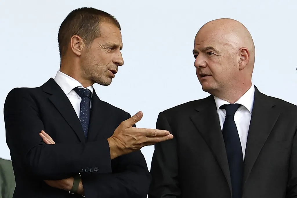 UEFA Aleksander Ceferin Fifa Gianni Infantino before the start of the UEFA Euro 2024 round of 16 football match between Switzerland and Italy at the Olympiastadion Berlin in Berlin on June 29, 2024. (Photo by Odd ANDERSEN / AFP)