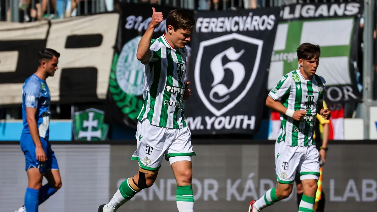 Fradi, Budapest, 2025. április 27.Stefan Gartenmann, a Ferencváros (k) játékosa ünnepli a golját a labdarúgó OTP Bank Liga 29. fordulójában játszott MTK Budapest-Ferencvárosi TC mérkőzésen a Hidegkuti Nándor Stadionban 2025. április 27-én.MTI/Hegedüs Róbert