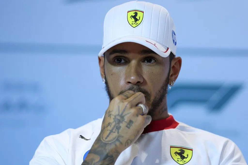Ferrari's British driver Lewis Hamilton attends a press conference ahead of the 2025 Miami Formula One Grand Prix at Miami International Autodrome in Miami Gardens, Florida, on May 1, 2025. (Photo by CHARLY TRIBALLEAU / AFP)