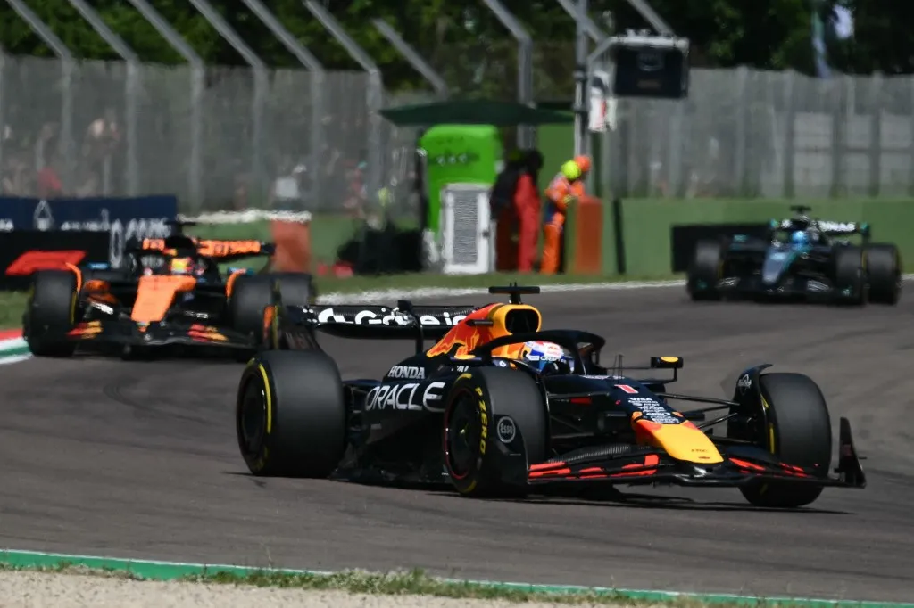 Red Bull Racing's Dutch driver Max Verstappen races during the 2025 Emilia Romagna Formula One Grand Prix at the Imola autodrome in Imola, on May 18, 2025. (Photo by Marco BERTORELLO / AFP)