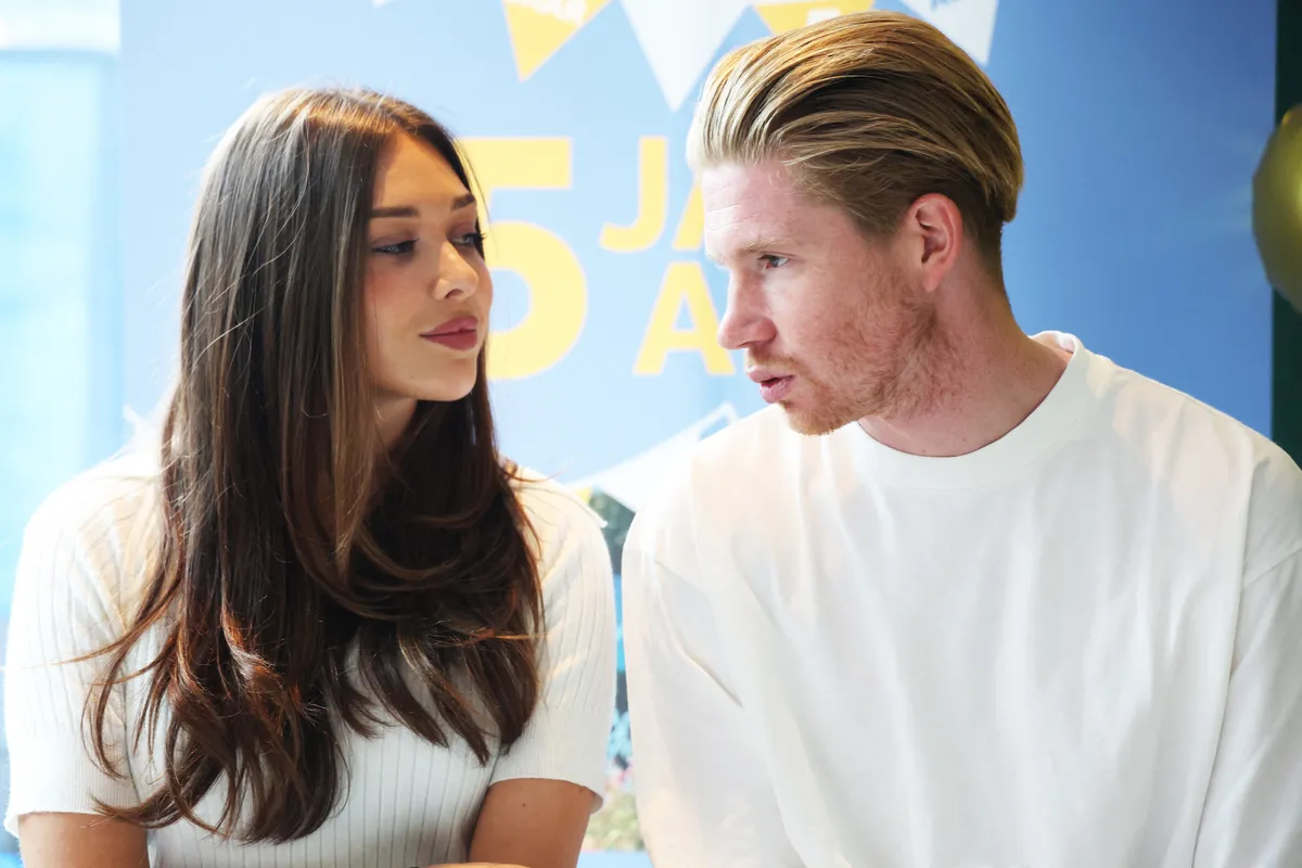 Szoboszlai Kevin De Bruyne and his wife Michele Lacrix pictured during a visit to the Ronald McDonald House in Jette to mark the fifth anniversary of the children's fund, Tuesday 10 September 2024. BELGA PHOTO VIRGINIE LEFOUR (Photo by VIRGINIE LEFOUR / BELGA MAG / Belga via AFP)