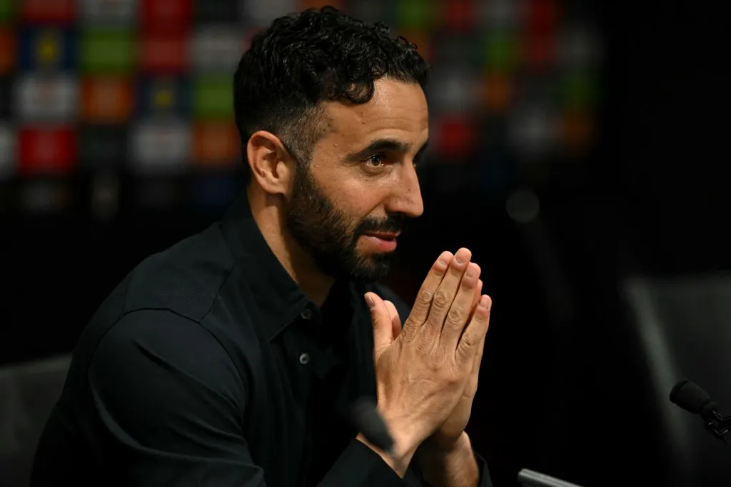 Manchester United's Portuguese head coach Ruben Amorim reacts during press conference at Old Trafford in Manchester, north-west England on May 14, 2025 during a media day ahead of their UEFA Europa League final against Tottenham Hotspur. The UEFA Europa League final will take place on May 21 in Bilbao. (Photo by Oli SCARFF / AFP)