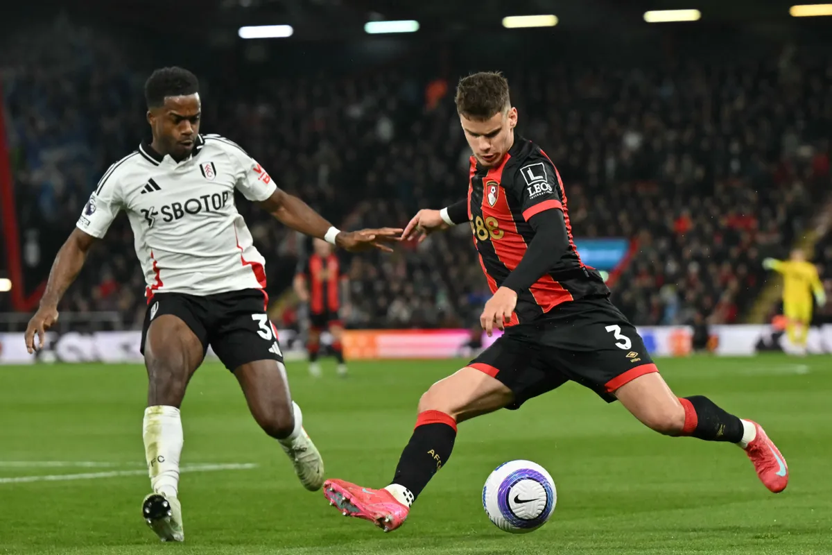 Kerkez Milos, Bournemouth's Hungarian defender #03 Milos Kerkez (R) vies with Fulham's English midfielder #30 Ryan Sessegnon (L) during the English Premier League football match between Bournemouth and Fulham at the Vitality Stadium in Bournemouth, southern England on April 14, 2025. (Photo by Glyn KIRK / AFP) / RESTRICTED TO EDITORIAL USE. No use with unauthorized audio, video, data, fixture lists, club/league logos or 'live' services. Online in-match use limited to 120 images. An additional 40 images may be used in extra time. No video emulation. Social media in-match use limited to 120 images. An additional 40 images may be used in extra time. No use in betting publications, games or single club/league/player publications. / 