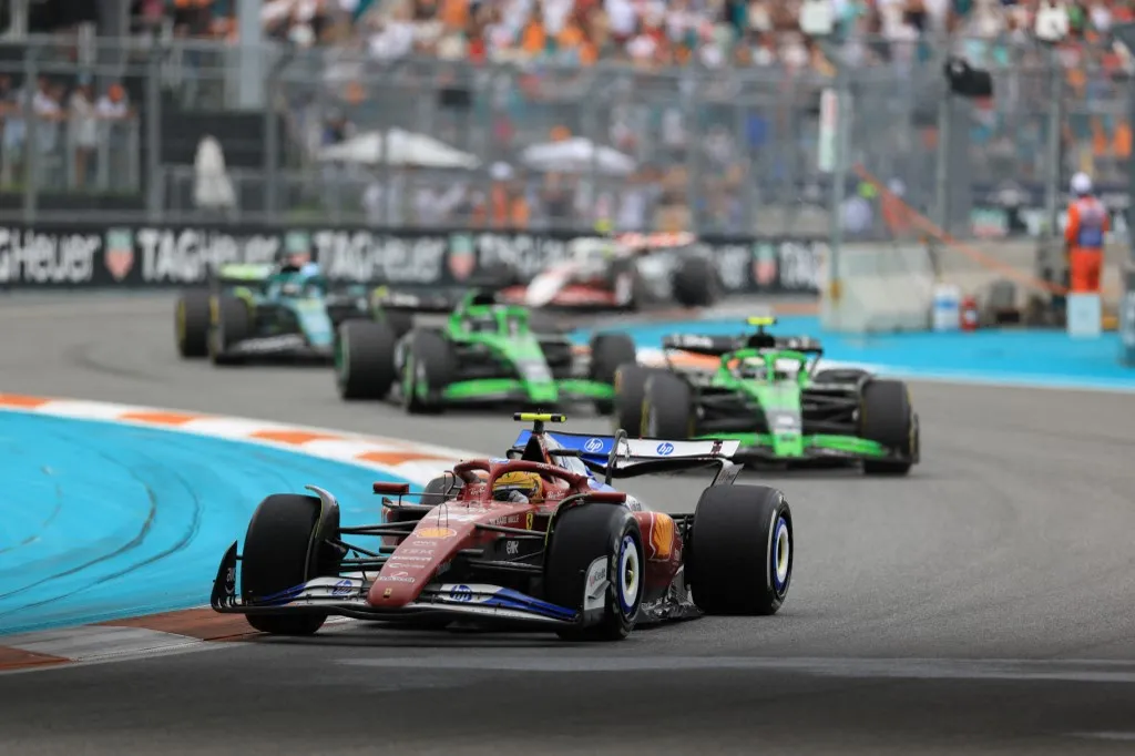 Ferrari's British driver Lewis Hamilton races during the 2025 Miami Formula One Grand Prix at Miami International Autodrome in Miami Gardens, Florida, on May 4, 2025. (Photo by CHARLY TRIBALLEAU / AFP)
