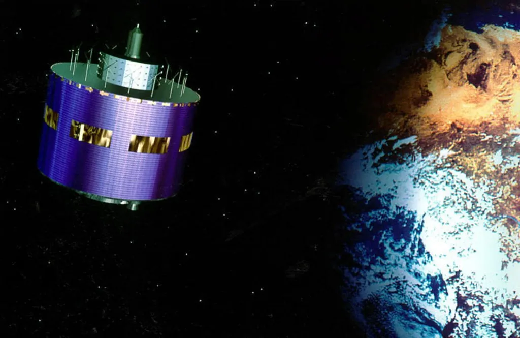 A computer-generated image shows the new Meteosat Second Generation (MSG - 1) in orbit as seen by an artist. At around 00.30h Central European Summer Time 27-28 August 2002, a new generation of European weather satellites will be launched from Kourou in French Guiana. The first in a series of at least three, the Meteosat Second Generation (MSG-1) satellite will ride on an Ariane-5 launcher, into an elliptical geostationary transfer orbit at an altitude varying between 580 kilometres at the lowest and 36,000 kms above the Earth at the highest point. Through a contract with EUMETSAT, the European Space Operations Centre in Darmstadt, Germany, will be controlling the satellite during the delicate transfer to full geostationary orbit. With more precise and frequent data than ever from MSG, forecasters will be well equipped to make more accurate forecasts and the early warning of severe events such as thunderstorms and flash flood situations. For the first time on a geostationary spacecraft, an instrument known as GERB (Geostationary Earth Radiation Budget experiment) will also contribute to the monitoring of climate change, through the balance of the energy streaming into the Earth, and that leaving. The MSG program user requirements were defined by EUMETSAT, Europe's weather satellite organization. The satellite and instruments were specified by the European Space Agency (ESA) and built by European space companies. EUMETSAT has developed a completely new ground processing and satellite operations system based in Darmstadt with specialised processing conducted at centres known as Satellite Application Facilities throughout Europe.MSG will provide 20 times more information than the predecessor Meteosat system, with a wider range of more precise images of the changing weather over Europe, Africa, neighbouring continents and oceans every 15 minutes instead of the current 30. In particular, it will watch over the Atlantic, where much of Europe's weather develops. (Photo by 