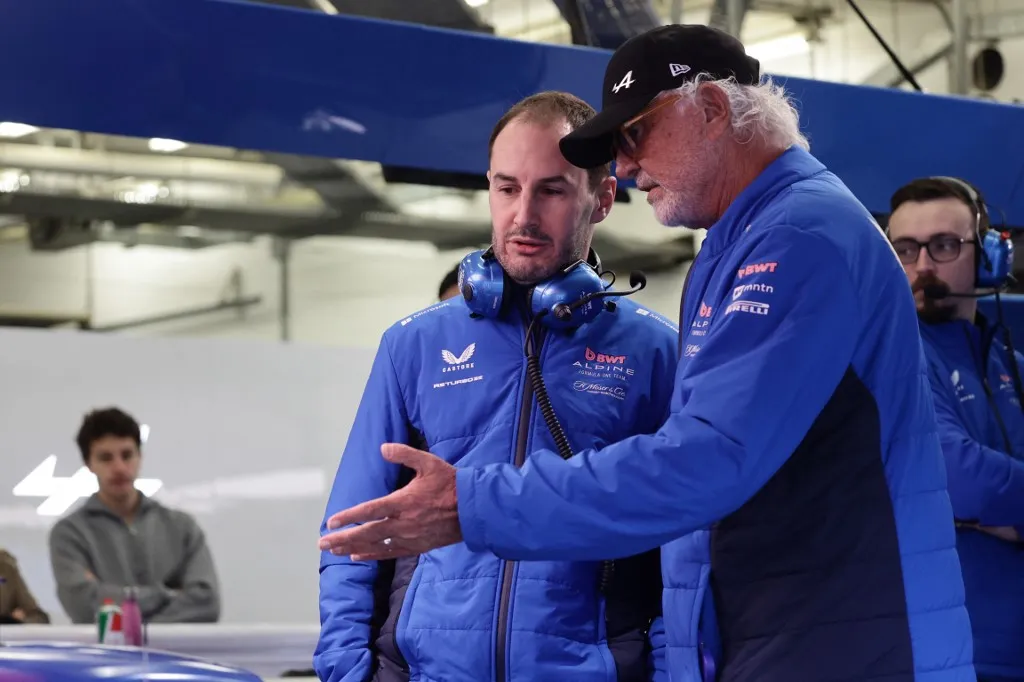Alpine, Oliver Oakes and Flavio Briatore during the Formula 1 pre-season testing at Sakhir Circuit in Sakhir, Bahrain on February 27, 2025. (Photo by Jakub Porzycki/NurPhoto) (Photo by Jakub Porzycki / NurPhoto / NurPhoto via AFP)