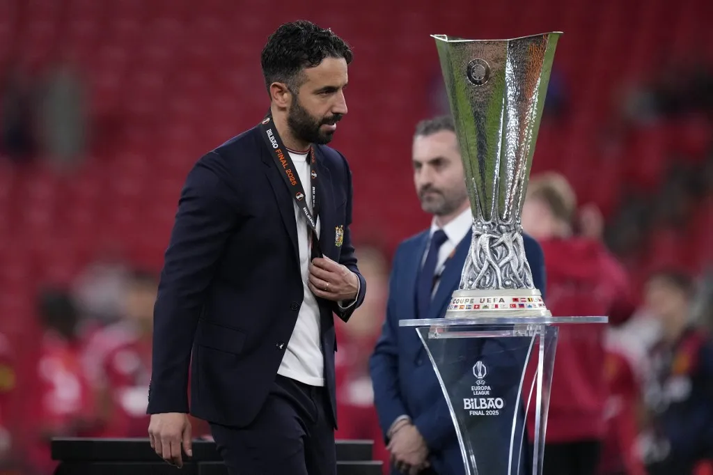 Ruben Amorim head coach of Manchester United walks past the UEFA Europa League trophy after his team's defeat in the UEFA Europa League Final 2025 between Tottenham Hotspur and Manchester United at Estadio San Mames on May 21, 2025 in Bilbao, Spain. (Photo by Jose Breton/Pics Action/NurPhoto) (Photo by Jose Breton / NurPhoto / NurPhoto via AFP)