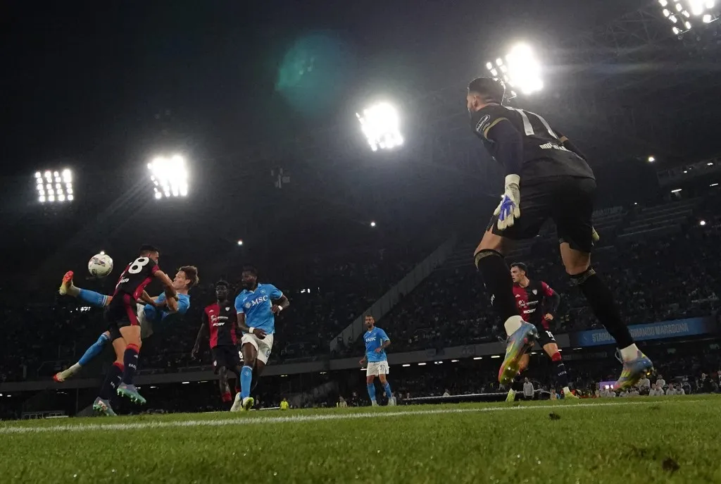 (250524) -- NAPLES, May 24, 2025 (Xinhua) -- Napoli's Scott McTominay (2nd L) scores during a Serie A football match between Napoli and Cagliari in Naples, Italy, May 23, 2025. (Photo by Alberto Lingria/Xinhua) (Photo by ALBERTO LINGRIA / XINHUA / Xinhua via AFP)