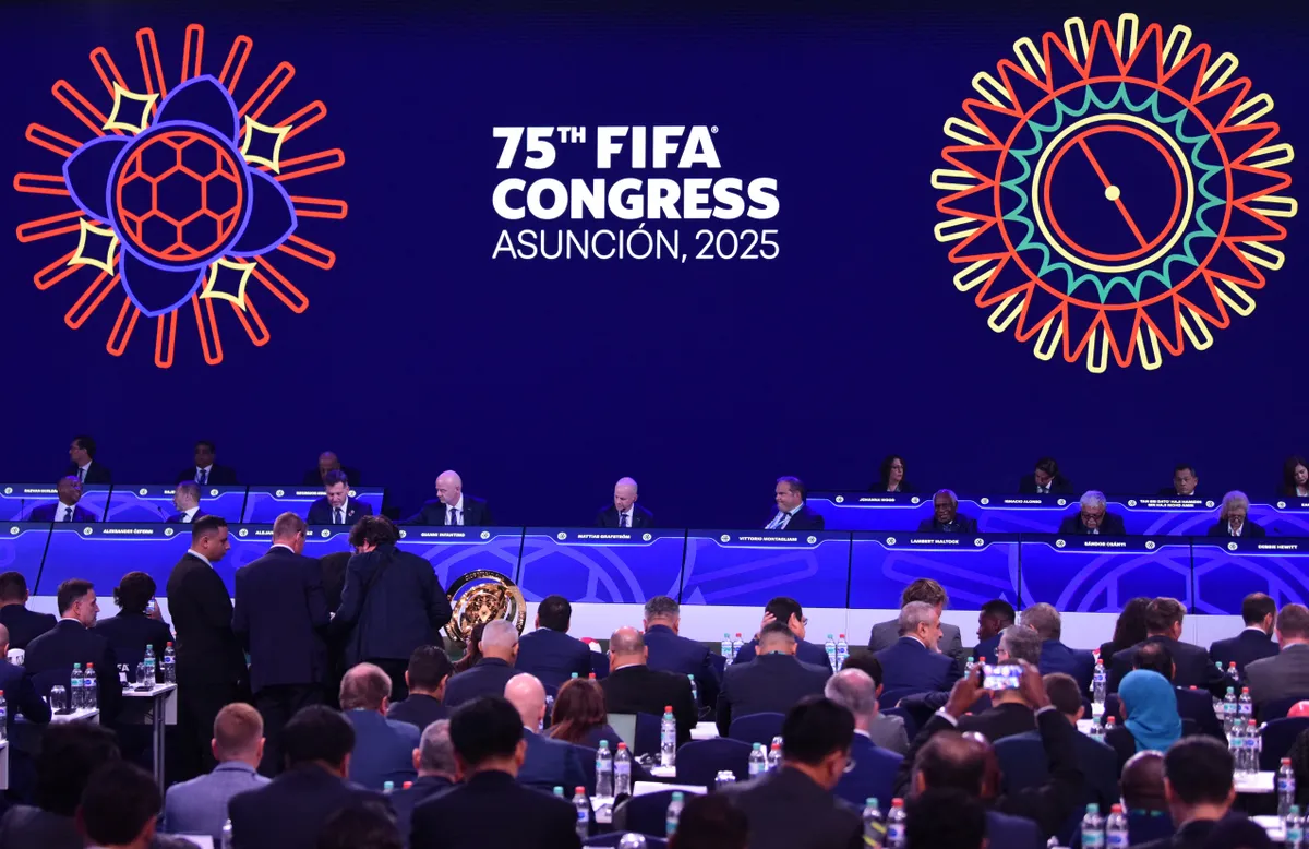 Csányi Sándor, General view during the 75th FIFA congress at the CONMEBOL headquarters in Luque, Paraguay, taken on May 15, 2025. European delegates left Thursday's FIFA Congress in Paraguay in disgust after a delay in the arrival of the head of world football's ruling body, Gianni Infantino, who was on a tour of Saudi Arabia and Qatar with US President Donald Trump. (Photo by DANIEL DUARTE / AFP)