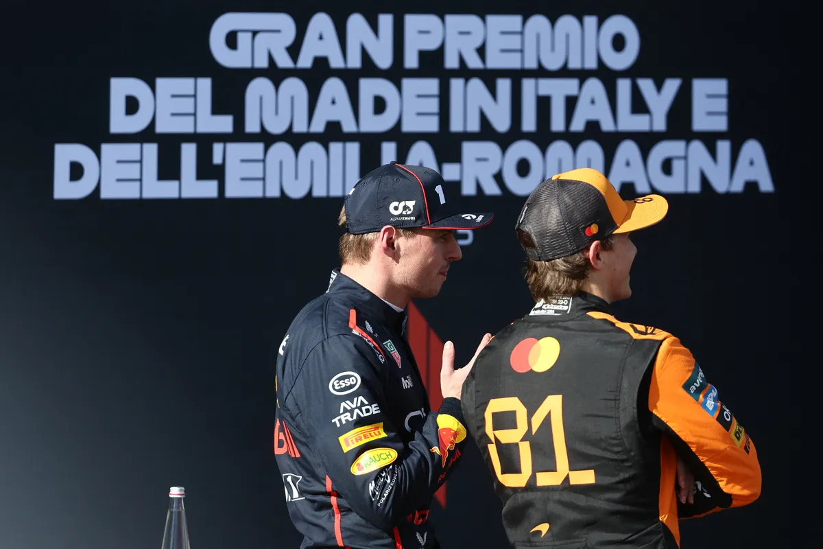 Max Verstappen of Red Bull Racing and Oscar Piastri of McLaren after the qualifying ahead of the Formula 1 Emilia-Romagna Grand Prix at Autodromo Enzo e Dino Ferrari in Imola, Italy on May 17, 2025. (Photo by Jakub Porzycki/NurPhoto) (Photo by Jakub Porzycki / NurPhoto / NurPhoto via AFP)