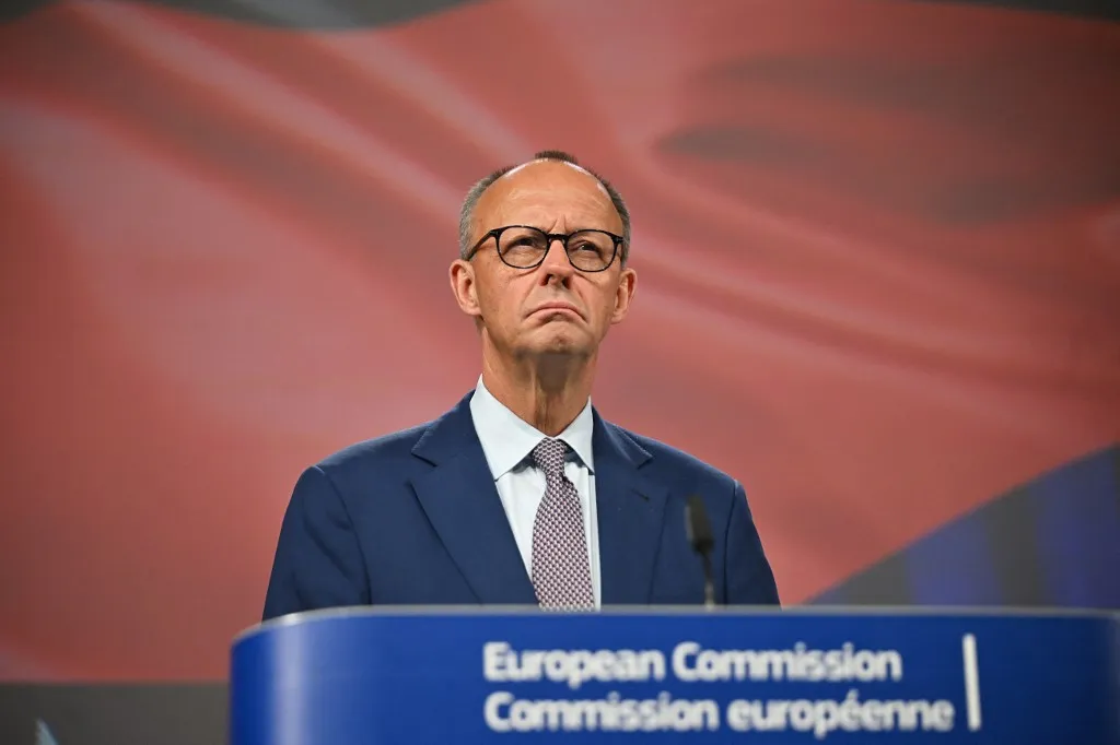 BRUSSELS, BELGIUM - MAY 9: Germany's new Chancellor Friedrich Merz and EU Commission President Ursula von der Leyen (not seen) hold a joint press conference after their meeting in Brussels, Belgium on May 9, 2025. Dursun Aydemir / Anadolu (Photo by Dursun Aydemir / ANADOLU / Anadolu via AFP)