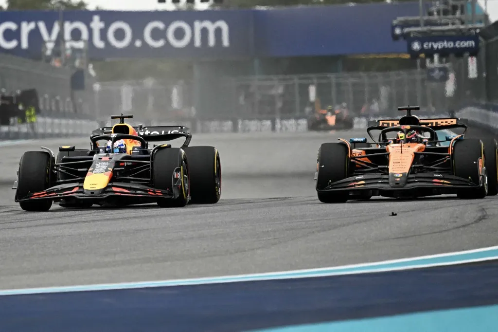 McLaren, Mercedes, Red Bull, Toto Wolff (L-R) Red Bull Racing's Dutch driver Max Verstappen races ahead of McLaren's Australian driver Oscar Piastri during the 2025 Miami Formula One Grand Prix at Miami International Autodrome in Miami Gardens, Florida, on May 4, 2025. (Photo by Chandan Khanna / AFP)