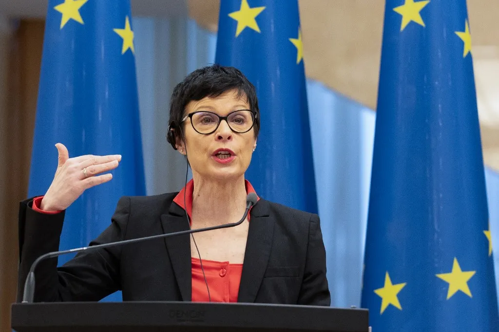 European Commissioner for Enlargement Marta Kos addresses media during a press conference as part of an official visit at the Moldovan Presidency headquarters in Chisinau February 4, 2025, as the European Union is offering the Republic of Moldova a support package to developp the country's energy resilience. A letter of intent has been signed, setting out the strategy by which the Republic of Moldova will strengthen its energy security and the steps it will take in the next 2 years to avoid being affected in any way by Russian energy blackmail. (Photo by Elena COVALENCO / AFP)