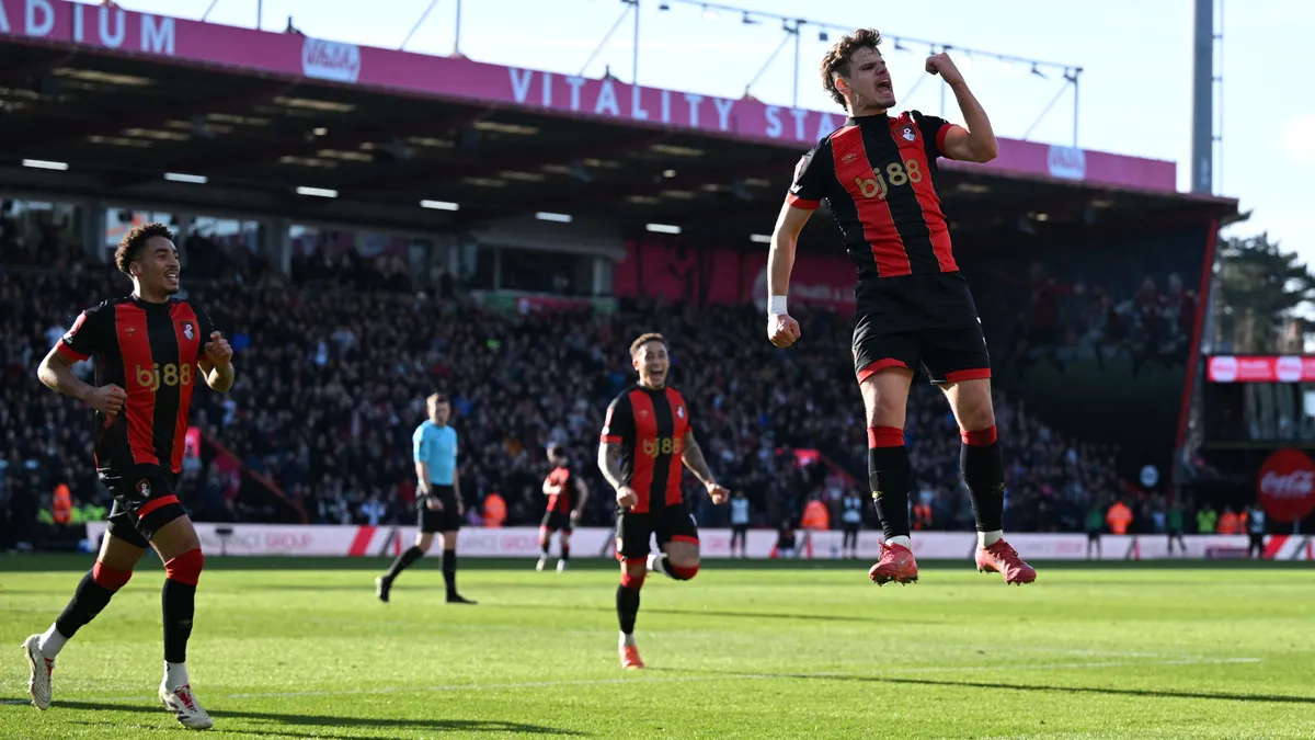 Bournemouth's Hungarian defender #03 Milos Kerkez celebrates but after a VAR (Video Assistant Referee) review the goal is disallowed for offside during the English FA Cup fifth round football match between AFC Bournemouth and Wolverhampton Wanderers at the Vitality Stadium in London on March 1, 2025. (Photo by JUSTIN TALLIS / AFP) / RESTRICTED TO EDITORIAL USE. No use with unauthorized audio, video, data, fixture lists, club/league logos or 'live' services. Online in-match use limited to 120 images. An additional 40 images may be used in extra time. No video emulation. Social media in-match use limited to 120 images. An additional 40 images may be used in extra time. No use in betting publications, games or single club/league/player publications. / 