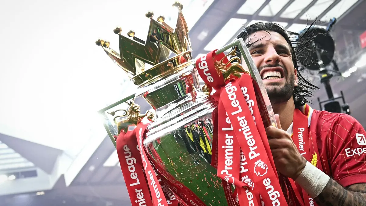 Szoboszlai, Liverpool's Hungarian midfielder #08 Dominik Szoboszlai celebrates with the Premier League trophy at the end of the English Premier League football match between Liverpool and Crystal Palace at Anfield in Liverpool, north west England on May 25, 2025. Liverpool equalises 1 - 1 against Crystal Palace. (Photo by Paul ELLIS / AFP) / RESTRICTED TO EDITORIAL USE. No use with unauthorized audio, video, data, fixture lists, club/league logos or 'live' services. Online in-match use limited to 120 images. An additional 40 images may be used in extra time. No video emulation. Social media in-match use limited to 120 images. An additional 40 images may be used in extra time. No use in betting publications, games or single club/league/player publications. /