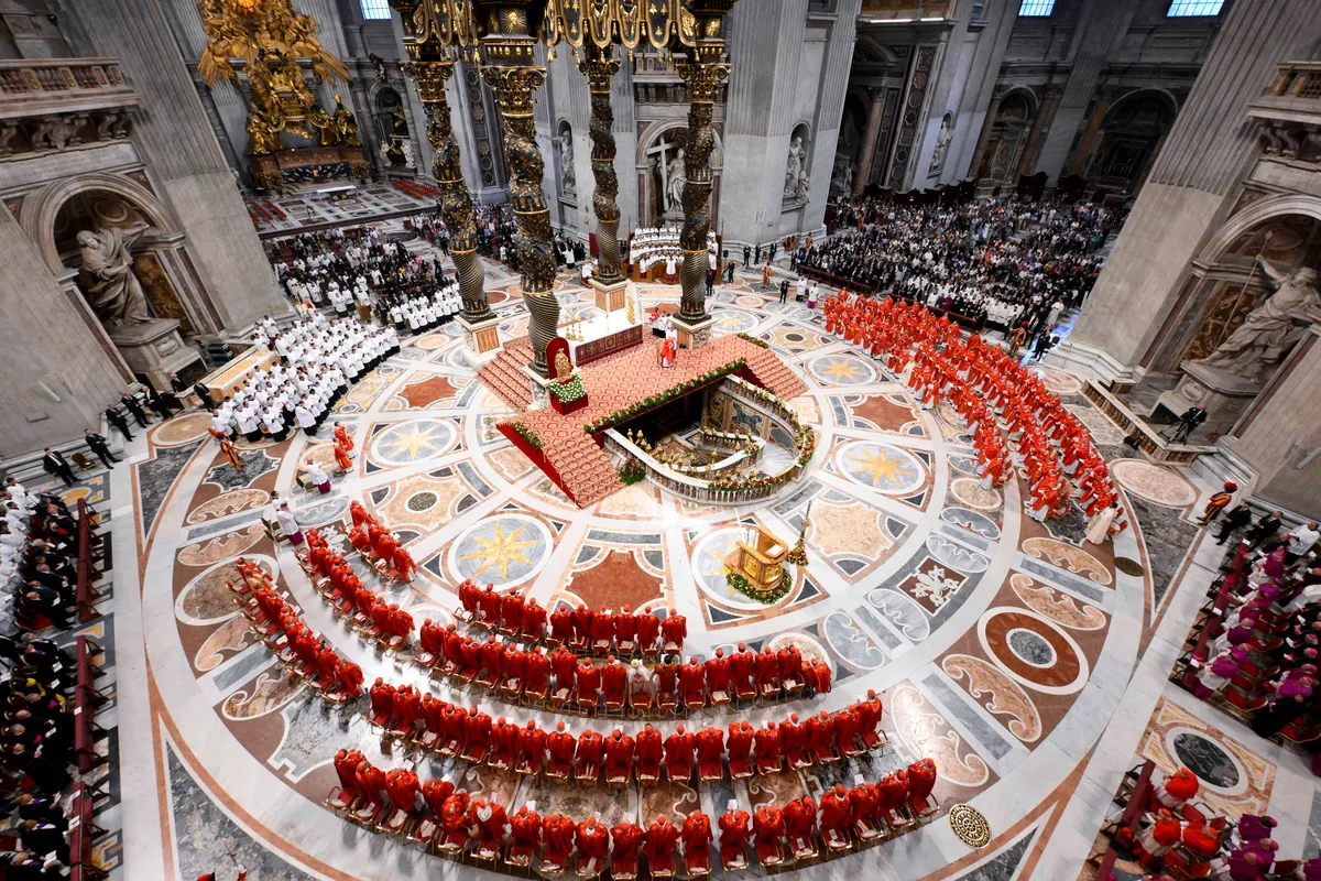 VATICAN CITY, VATICAN - MAY 07: (EDITOR NOTE: STRICTLY EDITORIAL USE ONLY - NO MERCHANDISING). Cardinals attend a mass for the election of the Roman Pontiff, prior to the start of the conclave, at St Peter's Basilica on May 07, 2025 in Vatican City, Vatican. Cardinals of the Catholic Church have descended on Vatican City to commence the papal conclave, the secretive voting process held in the Sistine Chapel that requires a two-thirds majority to elect the new leader of the Catholic Church. The election follows the death of Pope Francis on April 21 at the age of 88. (Photo by Vatican Media via Vatican Pool/Getty Images)