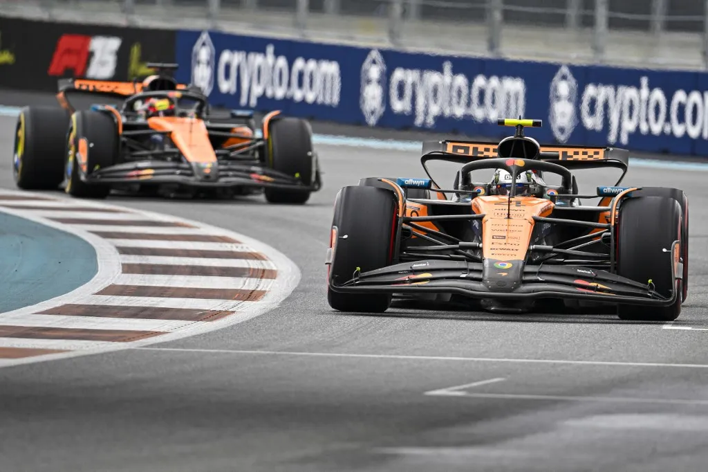 MIAMI, FLORIDA - MAY 03: Lando Norris (4) of Great Britain McLaren F1 Team drives during the Sprint ahead of the F1 Grand Prix of Miami at Miami International Autodrome on May 03, 2025 in Miami, Florida. Miguel J. Rodriguez Carrillo / Anadolu (Photo by Miguel J. Rodriguez Carrillo / ANADOLU / Anadolu via AFP)