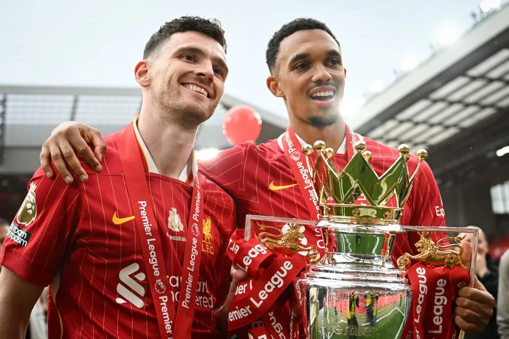 Kerkez Milos Liverpool's Scottish defender #26 Andrew Robertson (L) and Liverpool's English defender #66 Trent Alexander-Arnold celebrate with the Premier League trophy at the end of the English Premier League football match between Liverpool and Crystal Palace at Anfield in Liverpool, north west England on May 25, 2025. Liverpool equalises 1 - 1 against Crystal Palace. (Photo by Paul ELLIS / AFP) / RESTRICTED TO EDITORIAL USE. No use with unauthorized audio, video, data, fixture lists, club/league logos or 'live' services. Online in-match use limited to 120 images. An additional 40 images may be used in extra time. No video emulation. Social media in-match use limited to 120 images. An additional 40 images may be used in extra time. No use in betting publications, games or single club/league/player publications. / 
